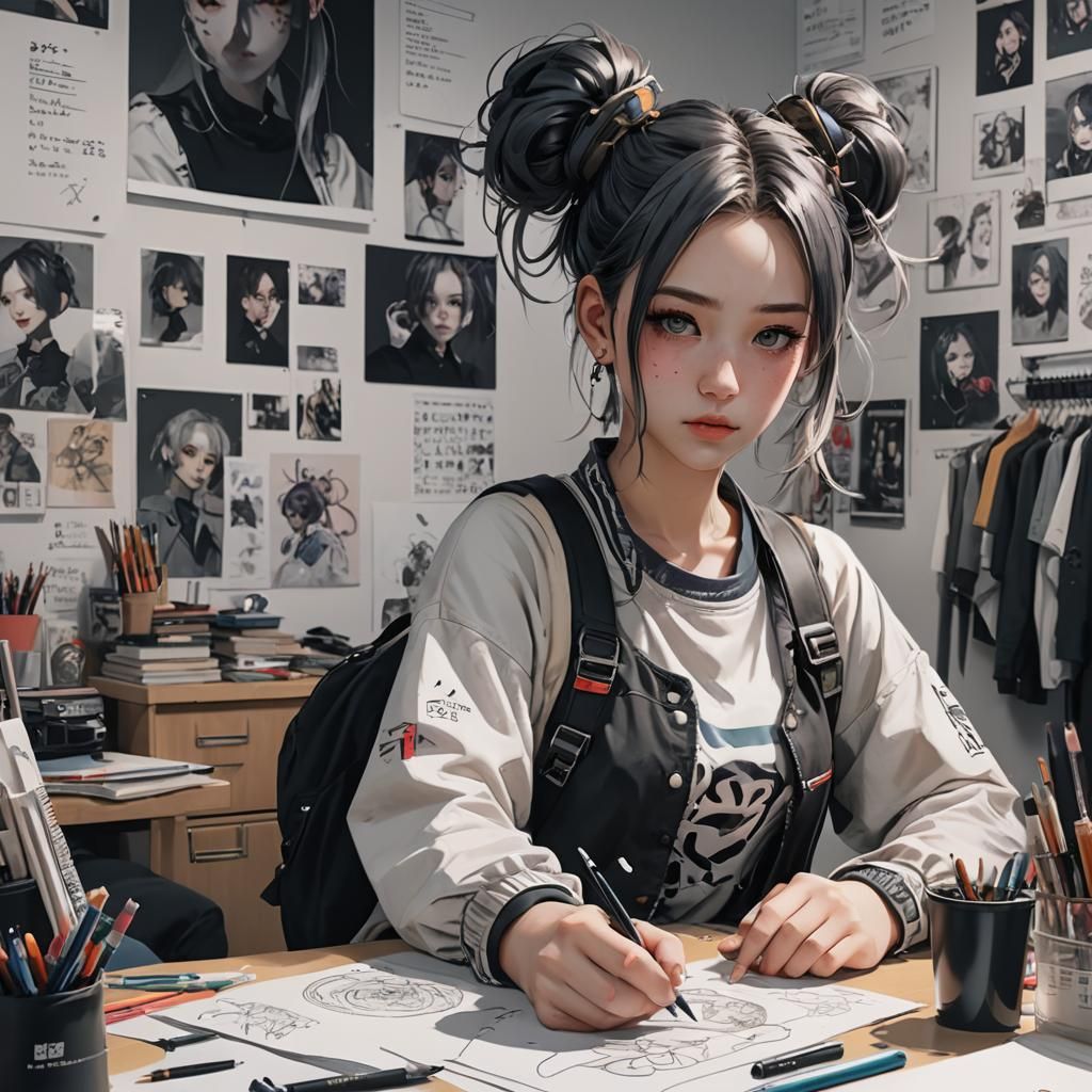 Grunge Girl with Space Buns Drawing Portrait