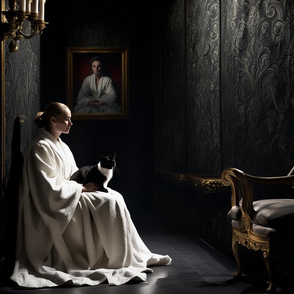 Woman with Cat in Palace Hallway