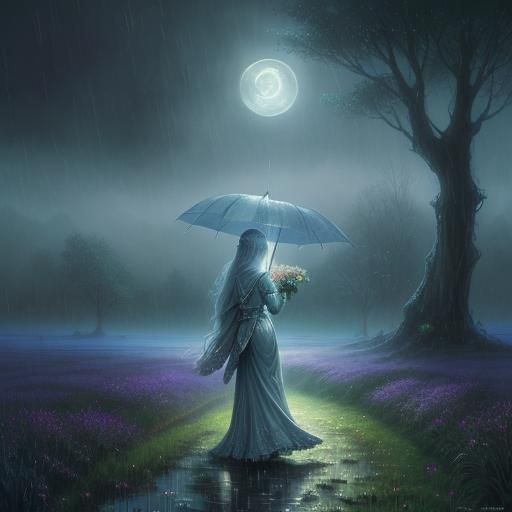 Ethereal Silver Woman Dancing in Rainy Field