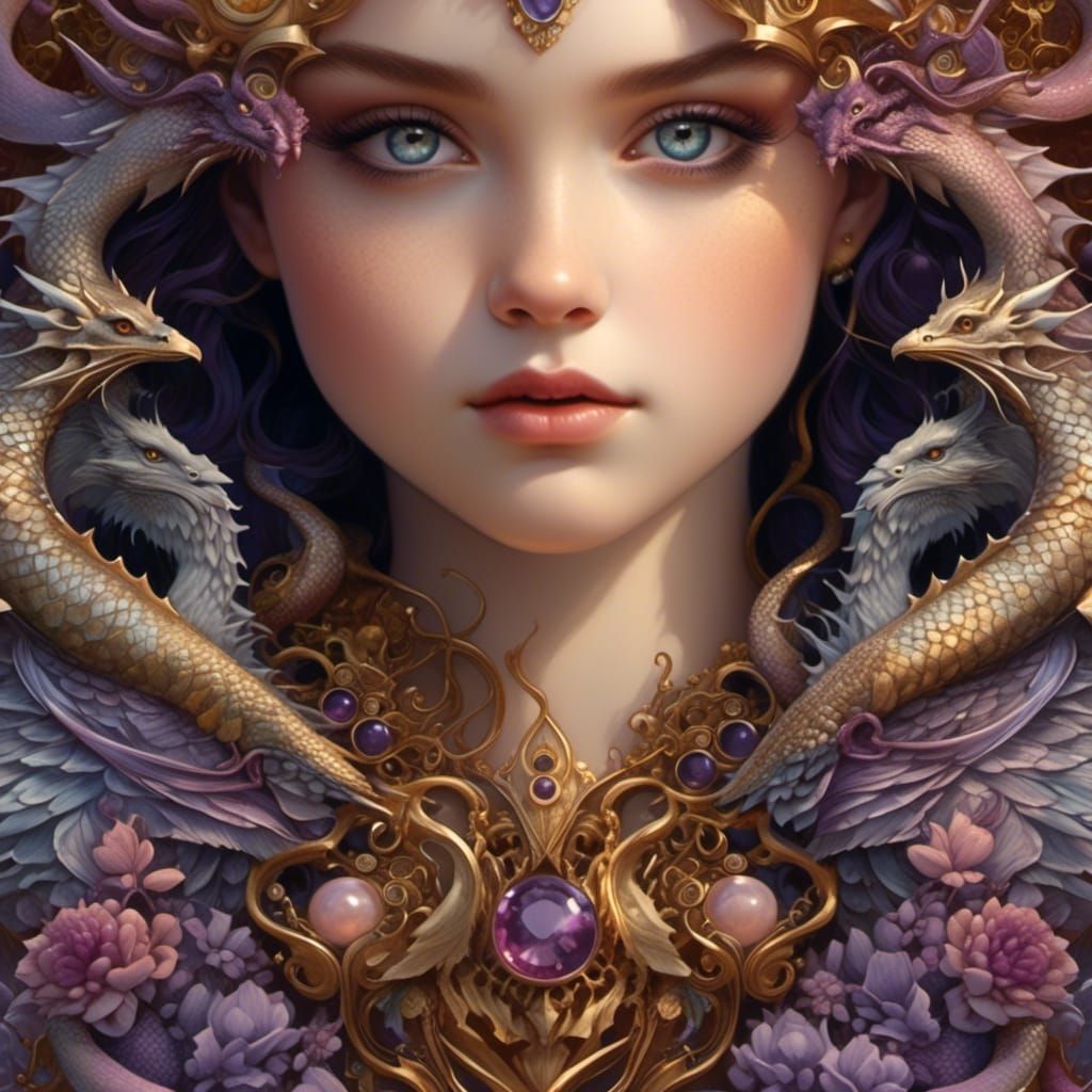 Ornate Dragons Surround a Beautiful Girl in Detailed Portrai...