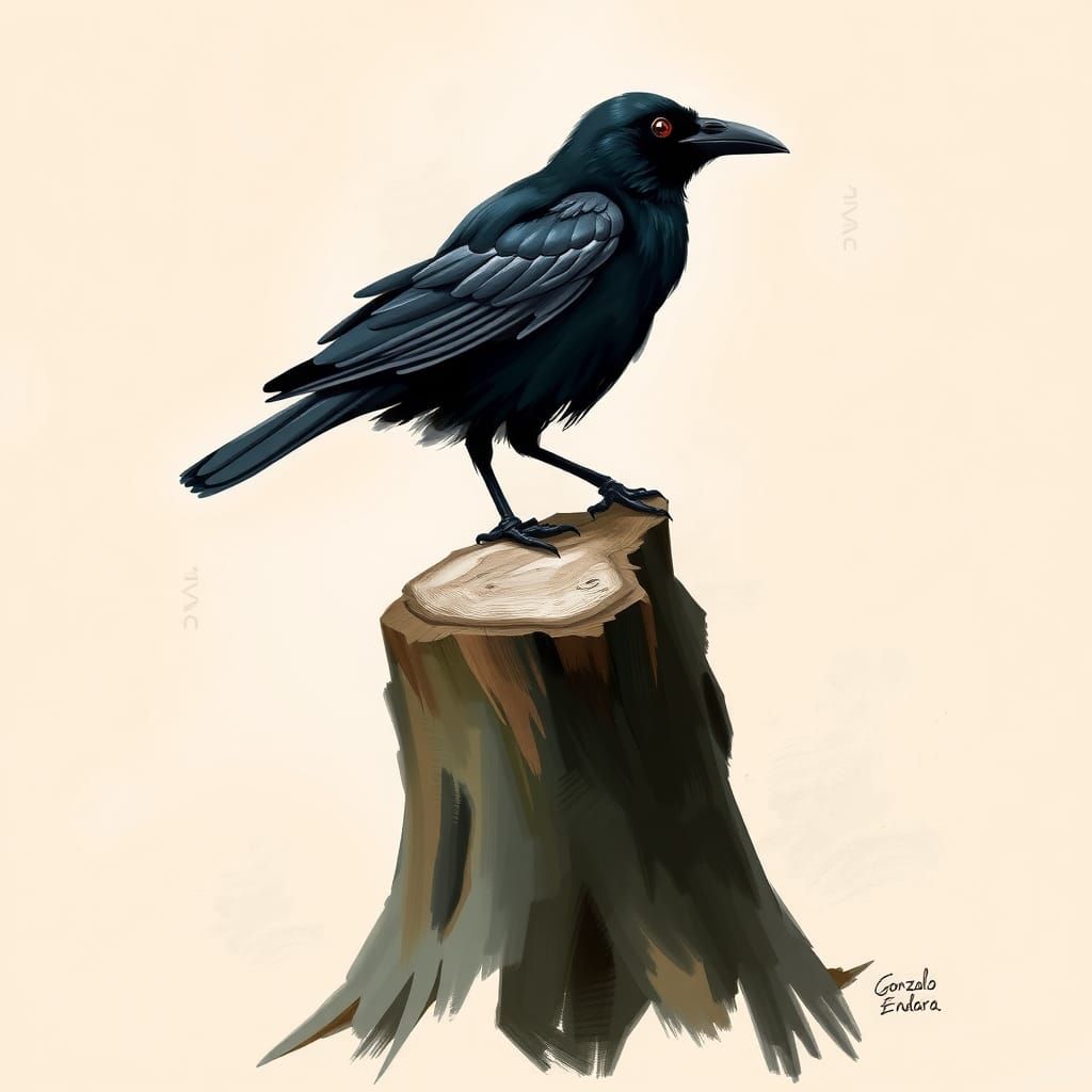 Black Bird on Tree Stump, Surreal Digital Art