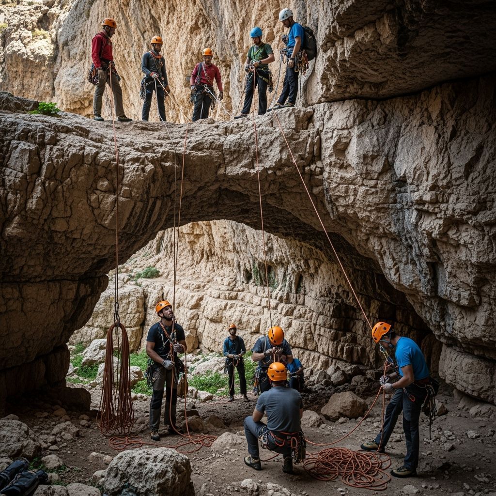Men Rappelling Keshet Cave Arch in Israel