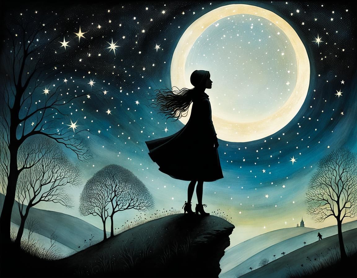 Silhouette Against Starlight: Dreamlike Whimsical Illustrati...