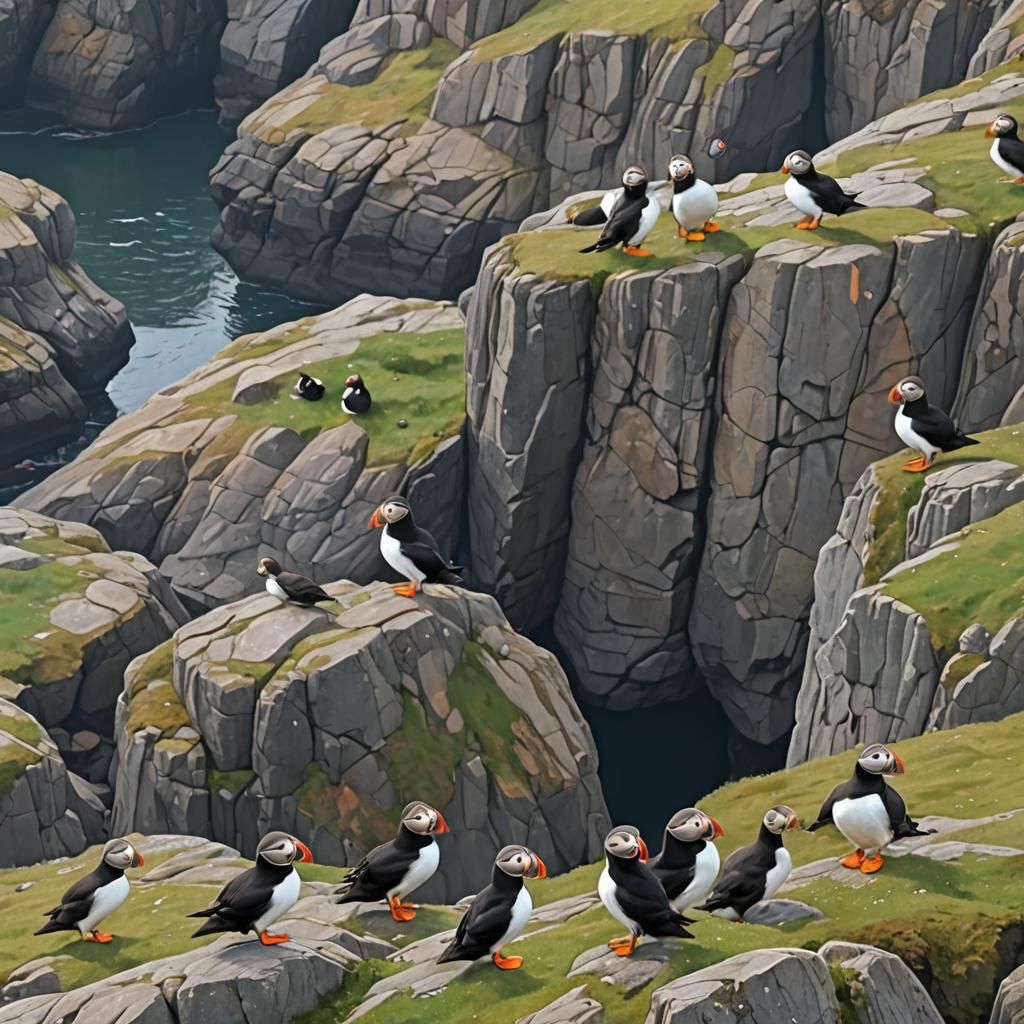 Puffins on a Rocky Cliffside