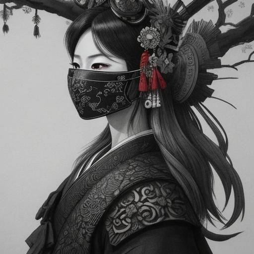 Epic Samurai Mask in Misty Forest: Ink Wash Painting