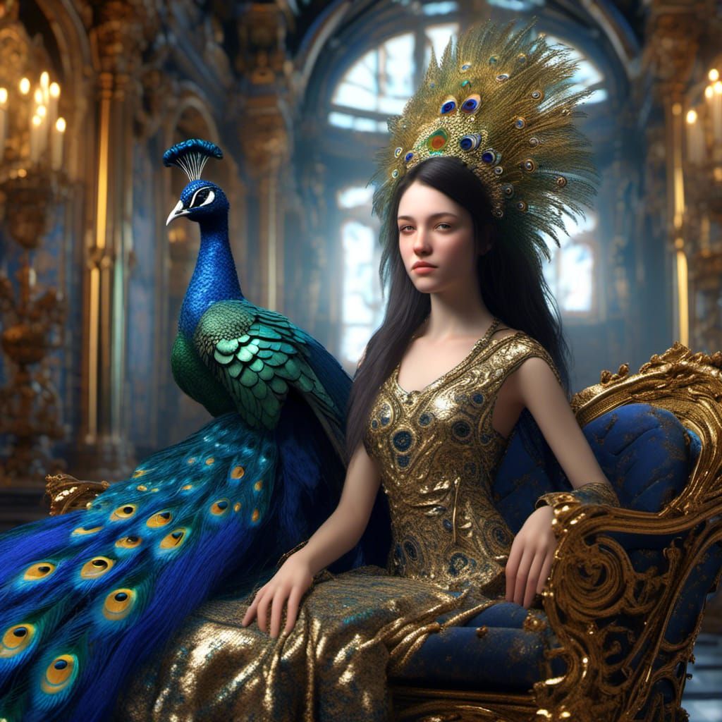 Beautiful Russian Princess on Throne with Peacock