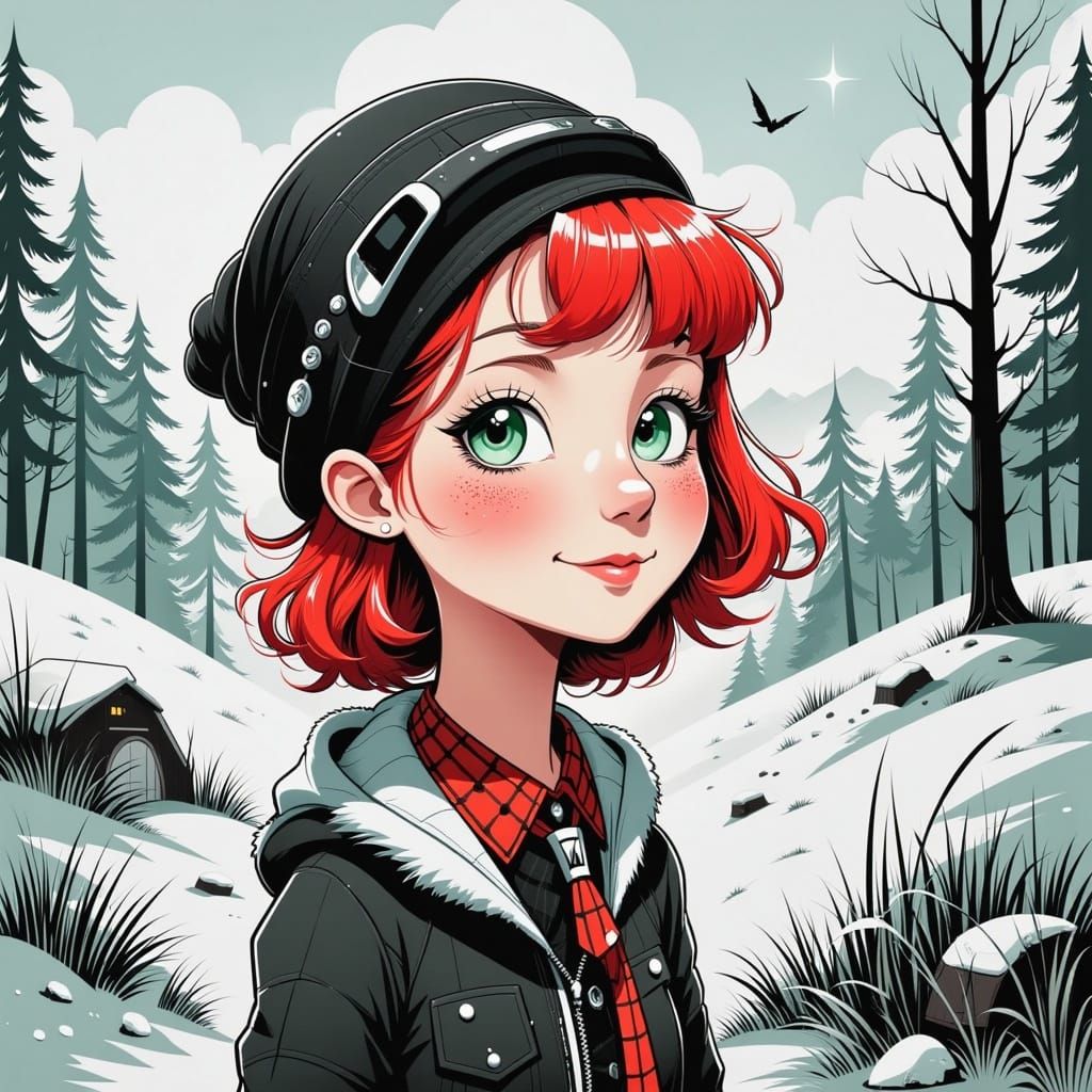 Colorful Caricature Portrait of Punk Girl in Winter