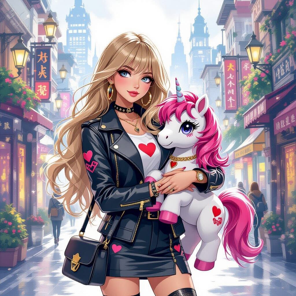 Fashionable Woman with Plush Horse in Sci-Fi City