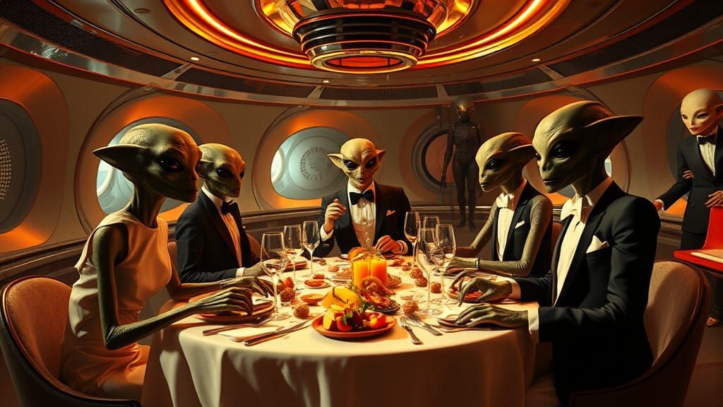 Elegant Aliens Gather in Futuristic Mothership Restaurant