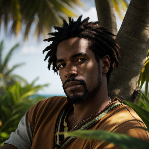 Caribbean Man Seated in Tropical Field with Warm Sunlight