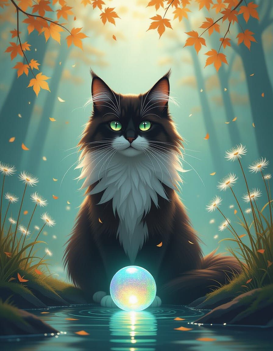 Mystical Forest Cat with Glowing Orb