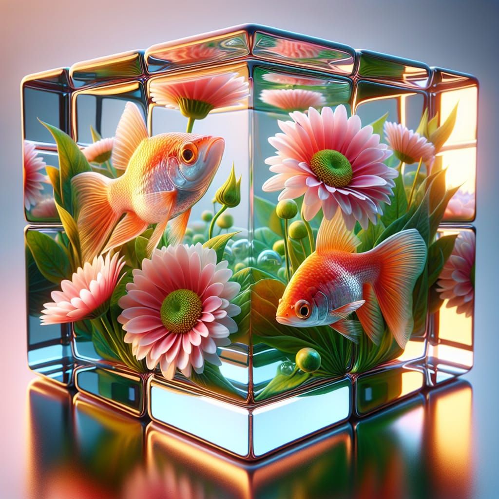 Vibrant Fish Swim Among Daisies Inside a Glowing Rubik's Cub...