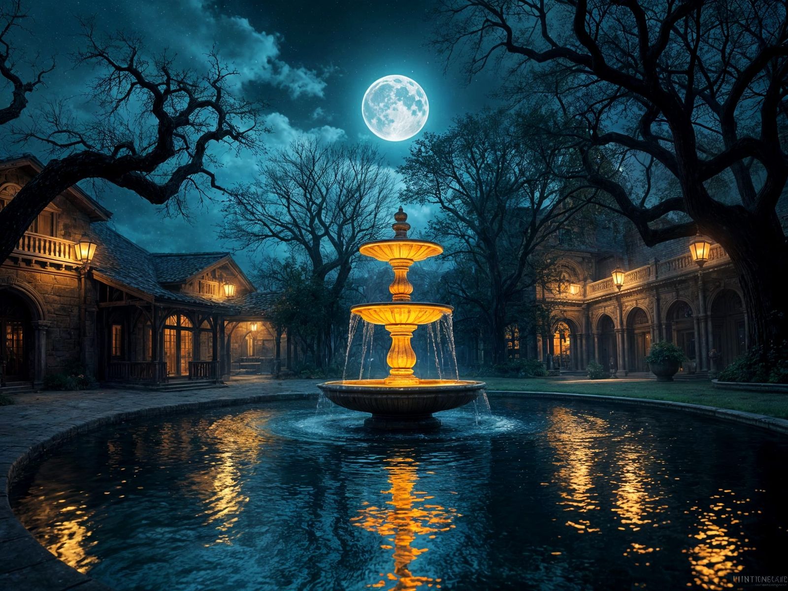 Glowing Fountain in Moonlit Courtyard: Digital Painting