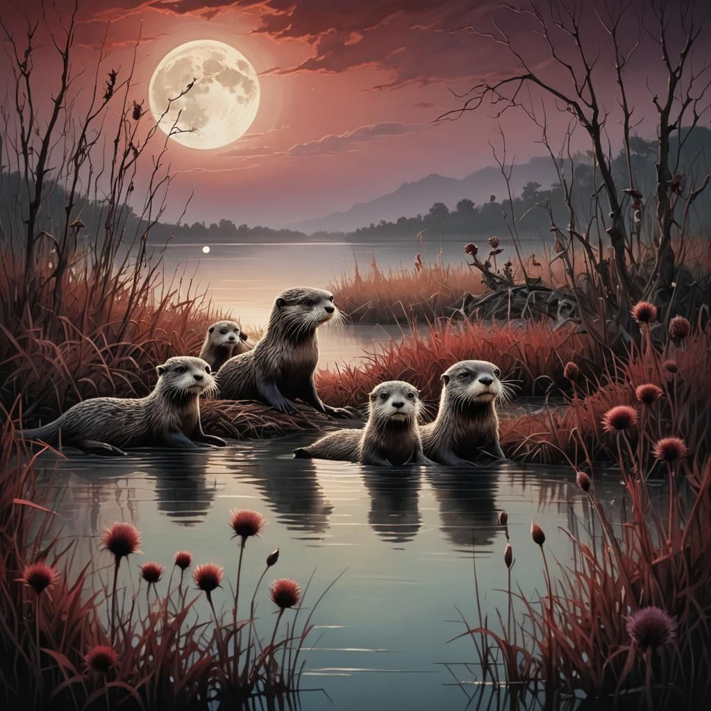 Otter Family Frolics Under Silver Moon, Surreal Art