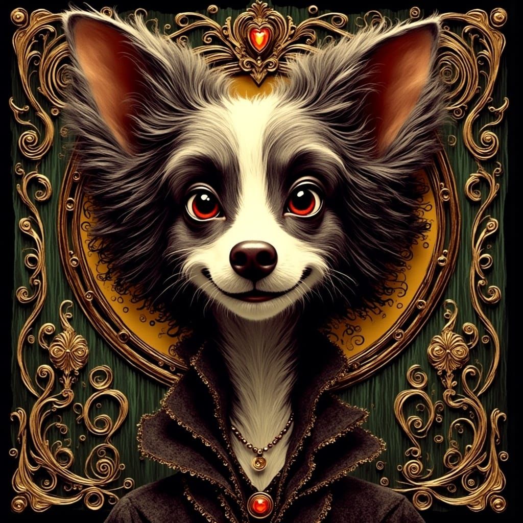 puppy<lora:SybilThorn-FluxLORA6:1.0> art deco Dan Mumford Tim Burton