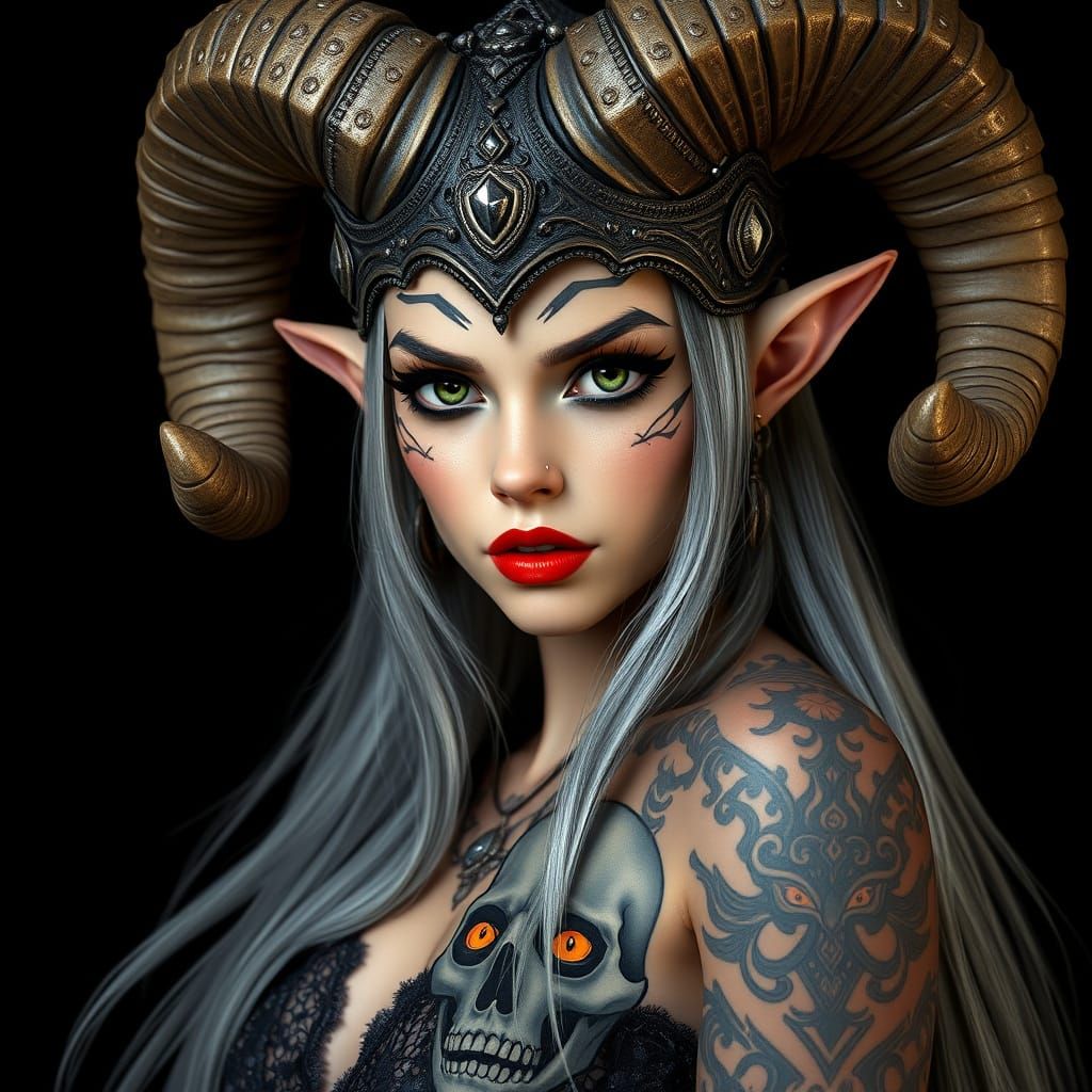Fantasy Character with Horned Headdress in Digital Art