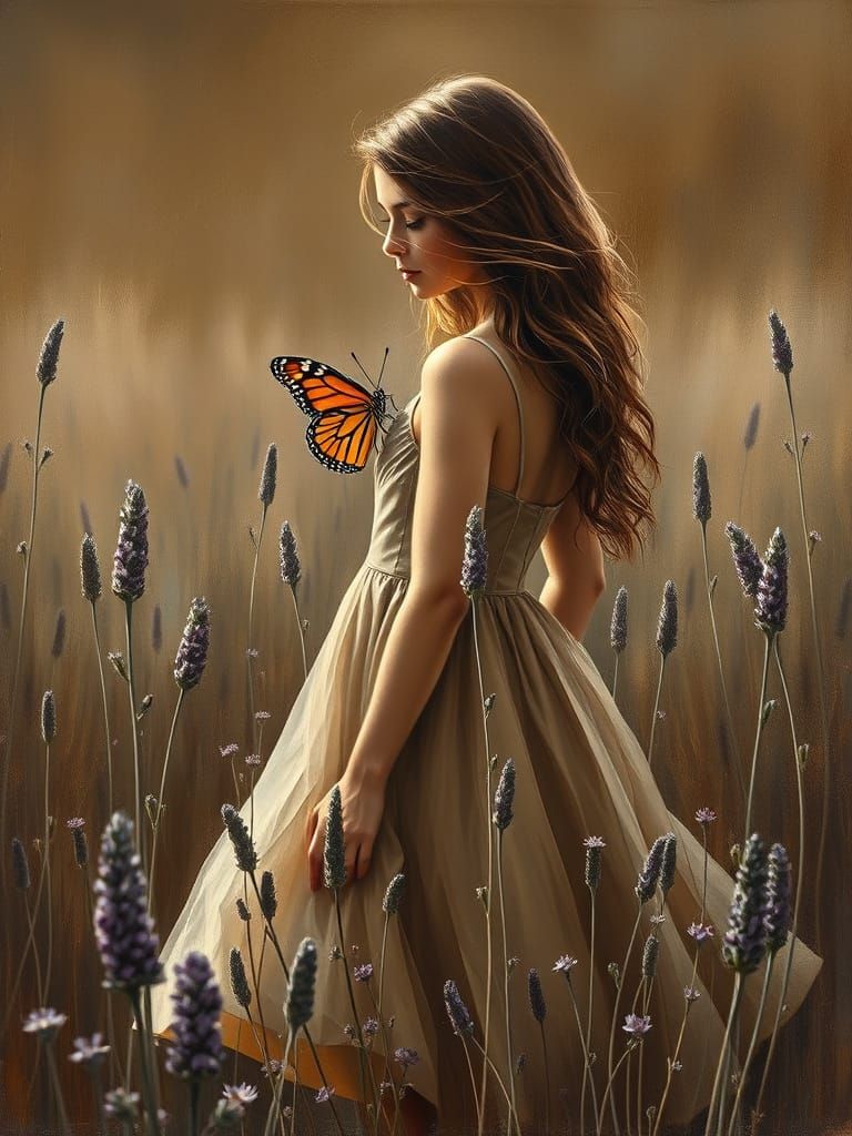 Ethereal Sepia Oil Painting of Woman in Lavender Garden