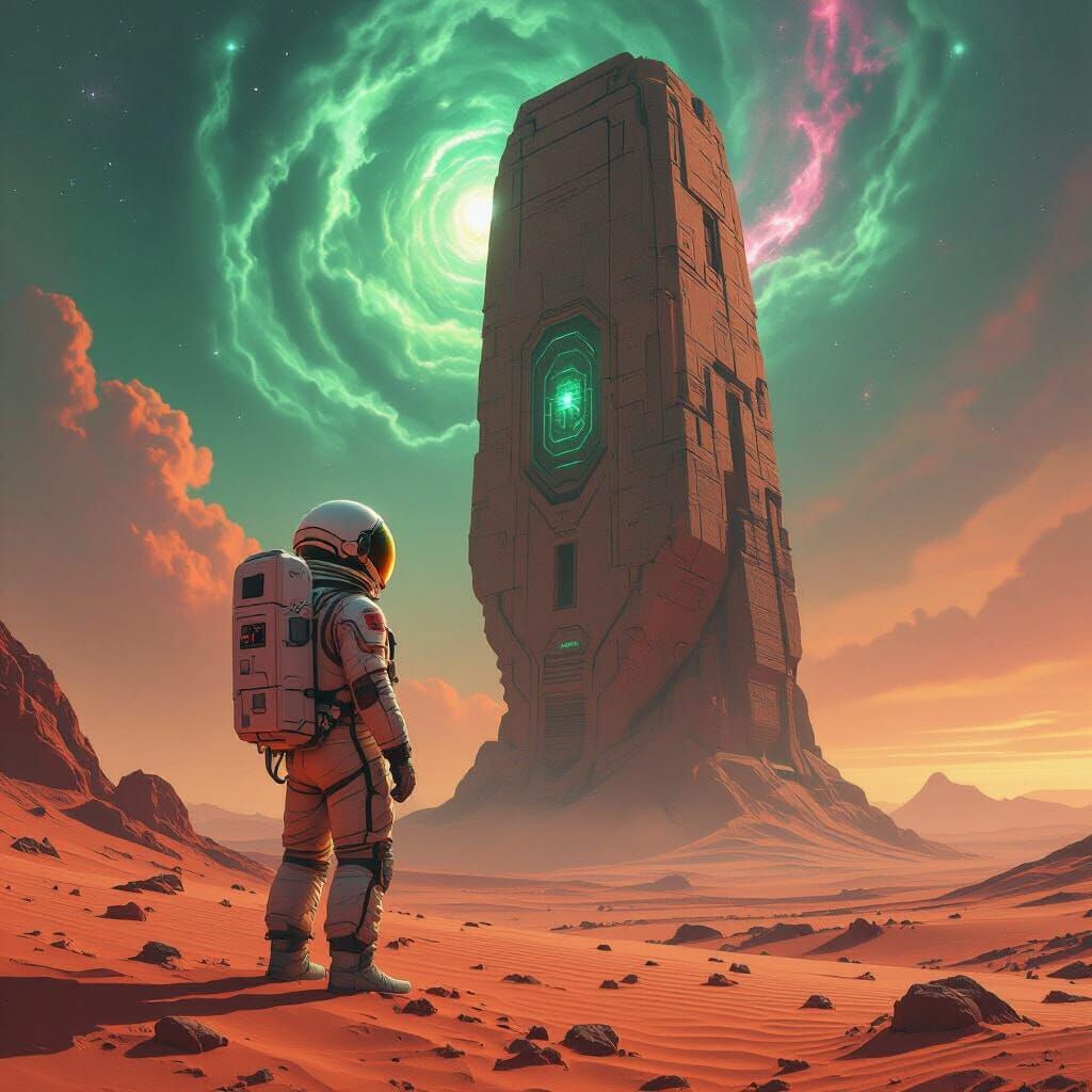 Astronaut Gazes at Alien Artifact Under Nebula Sky
