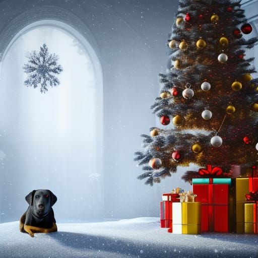 Black Lab Guards Christmas Presents: Hyperrealistic Renderin...