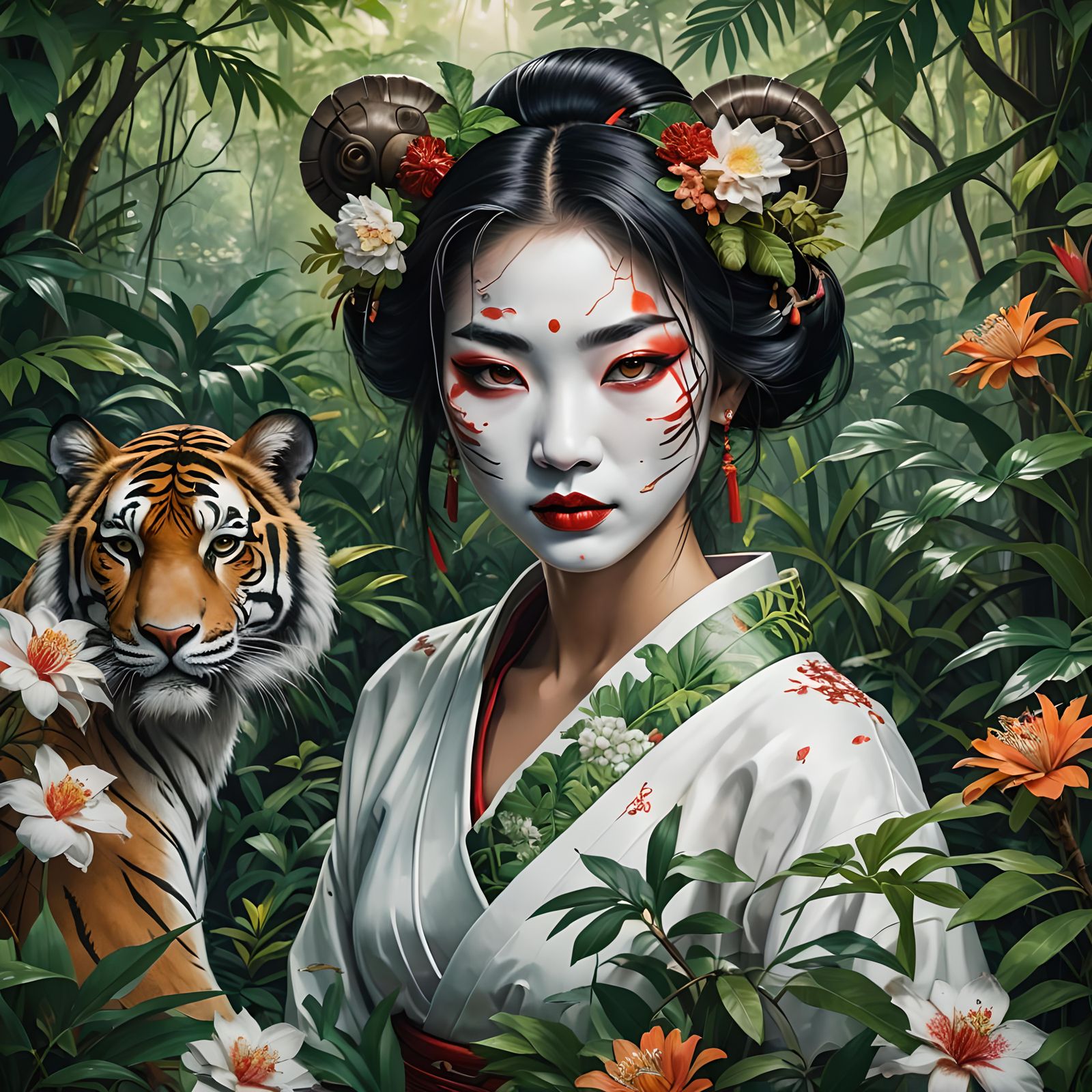 Geisha and Tiger Portrait in Overgrown Jungle