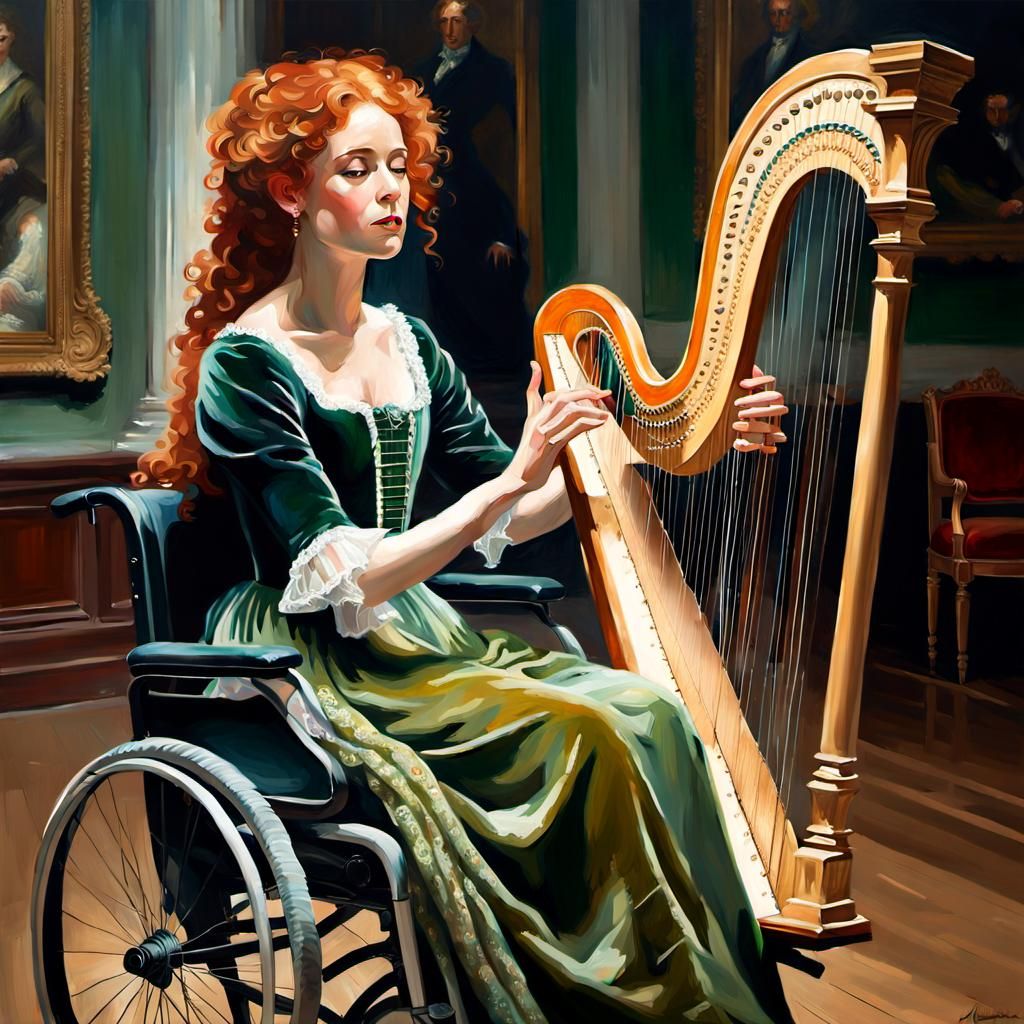 Redhead Harpist in Rococo Opera House, Oil Painting