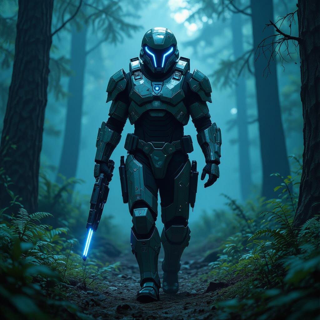 Futuristic Warrior in Neon Forest, Science Fiction Art