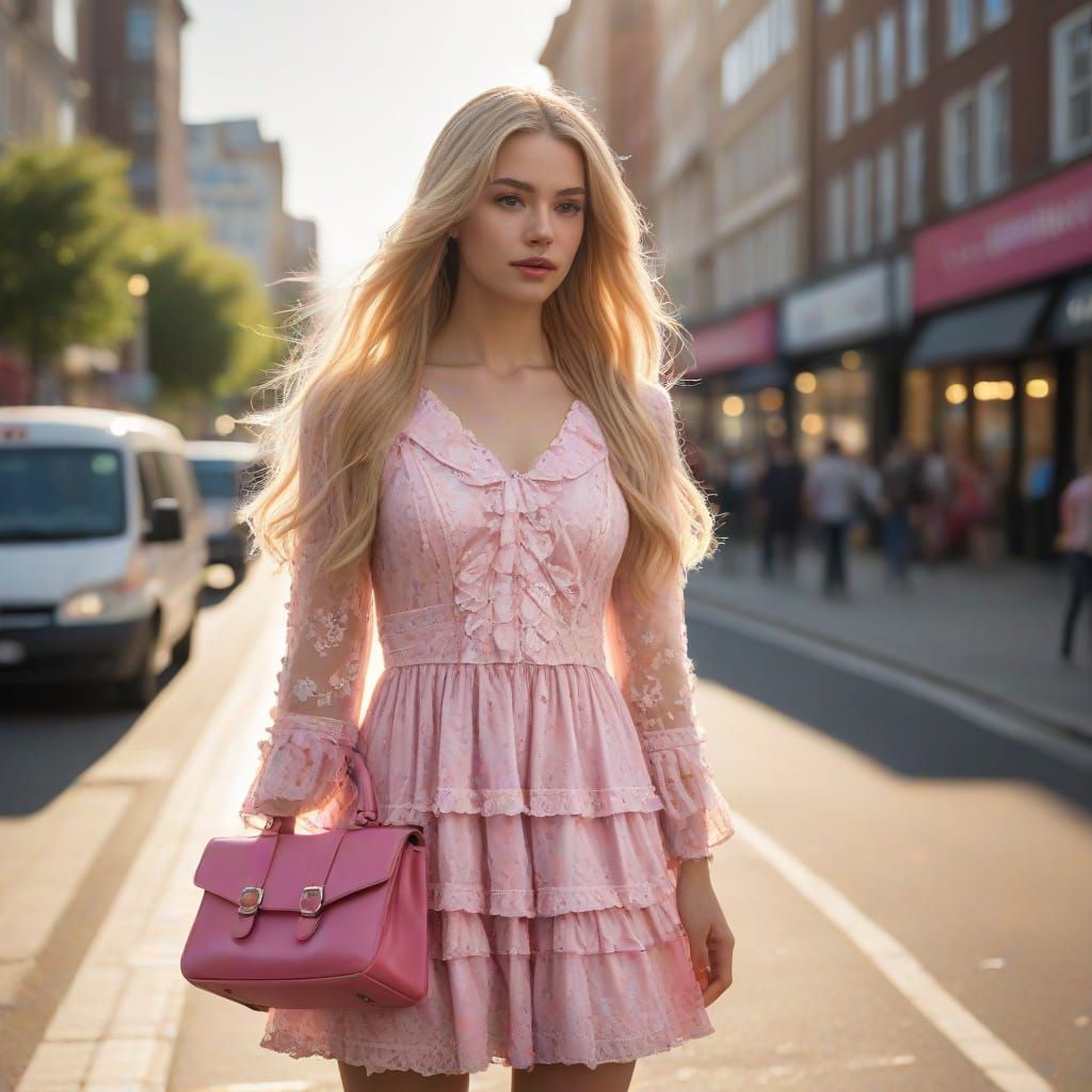 Crossdressed Man Nervously Waits at Busy Bus Stop