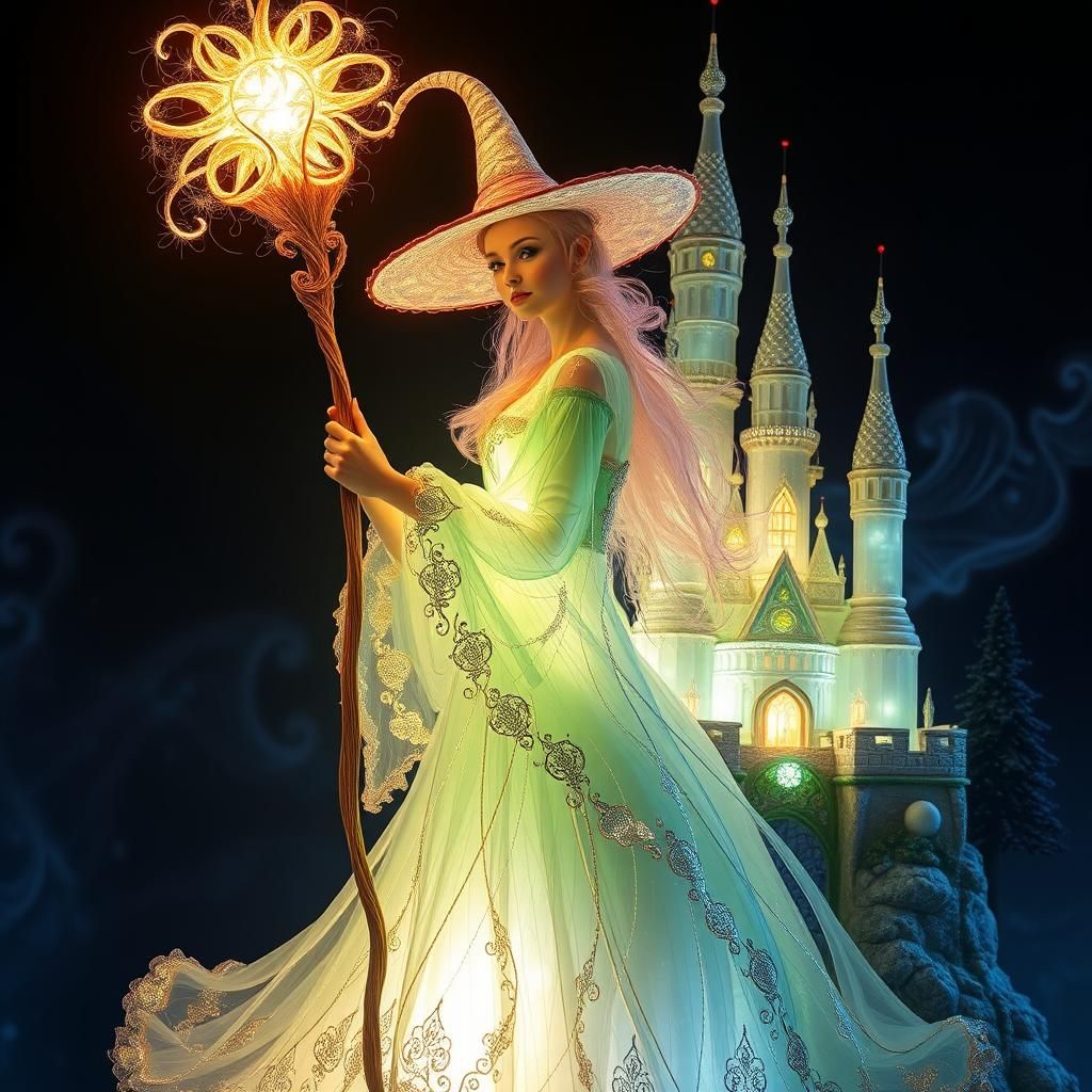 Radiant Witch in Glass Castle with Pastel Colors