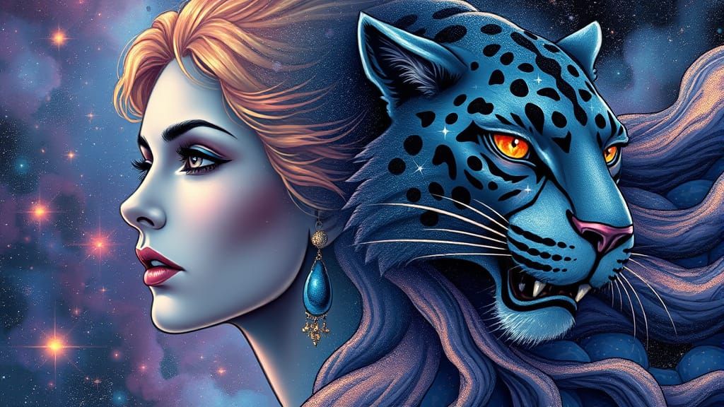 Celestial Being Merging With Cosmic Jaguar in Comic Art