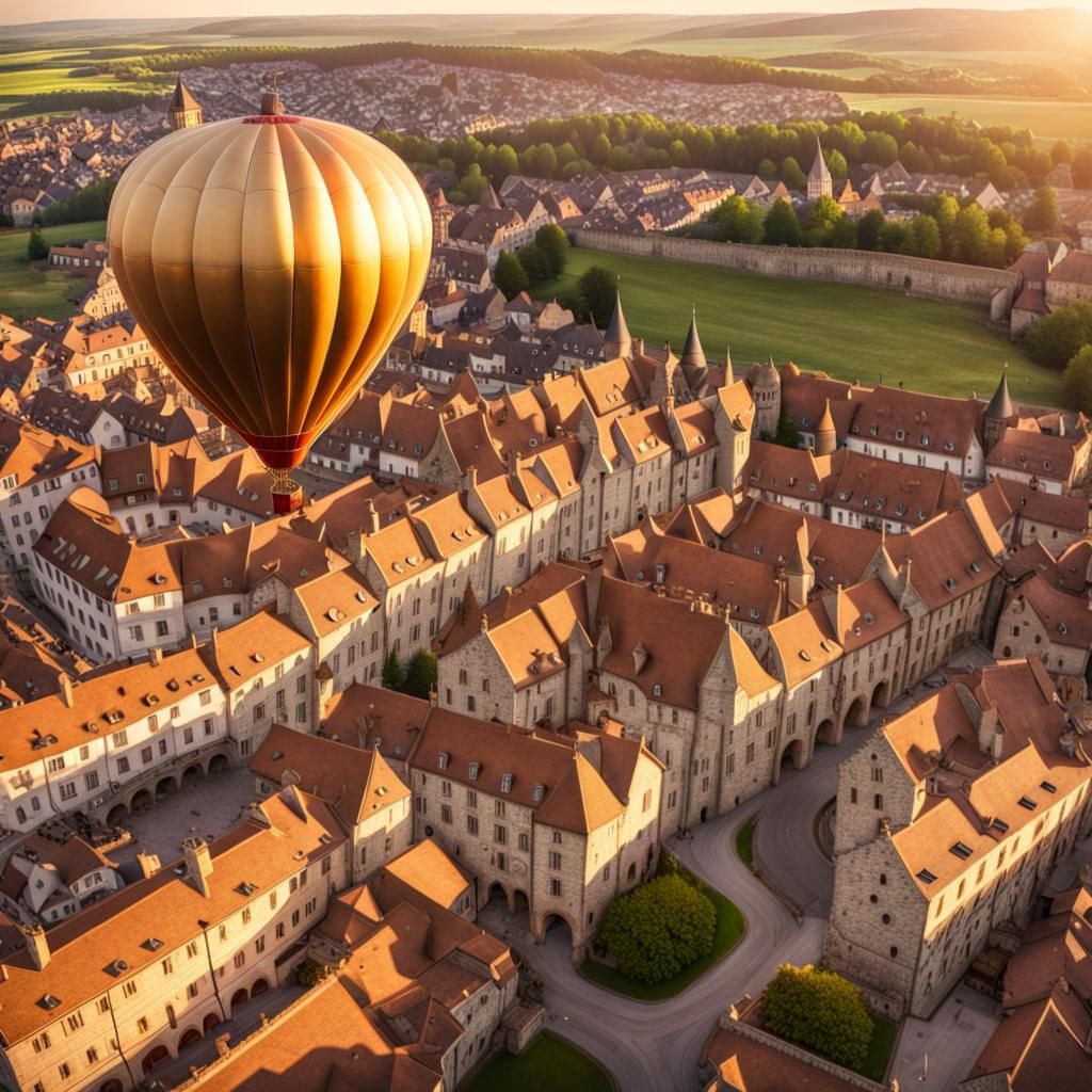 Steampunk Balloon Soars Over Medieval Town