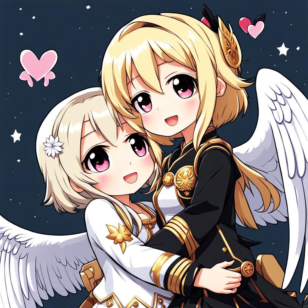 Chibi Angel and Black-Haired Girl Hugging