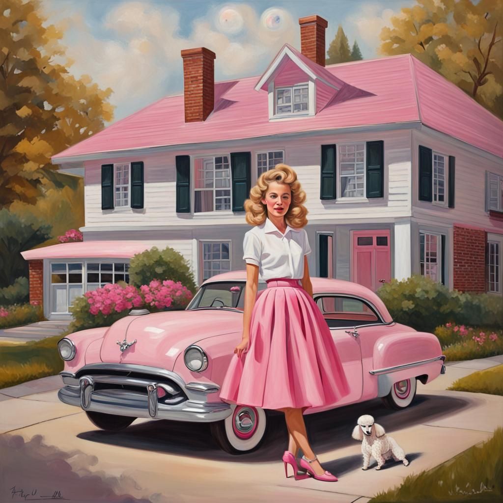 1950s Style Oil Painting of Teenager and Poodle