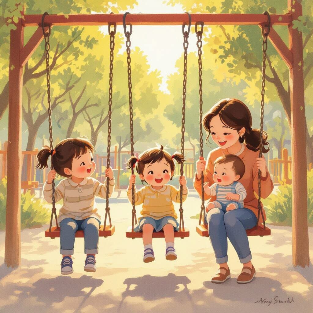 Joyful Siblings Play in Sun-Drenched Playground