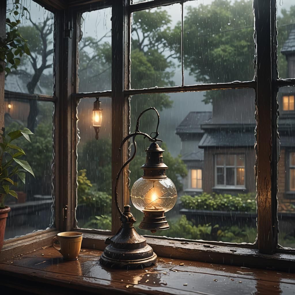 Rainy Day Interior with Oil Lamp, Matte Painting