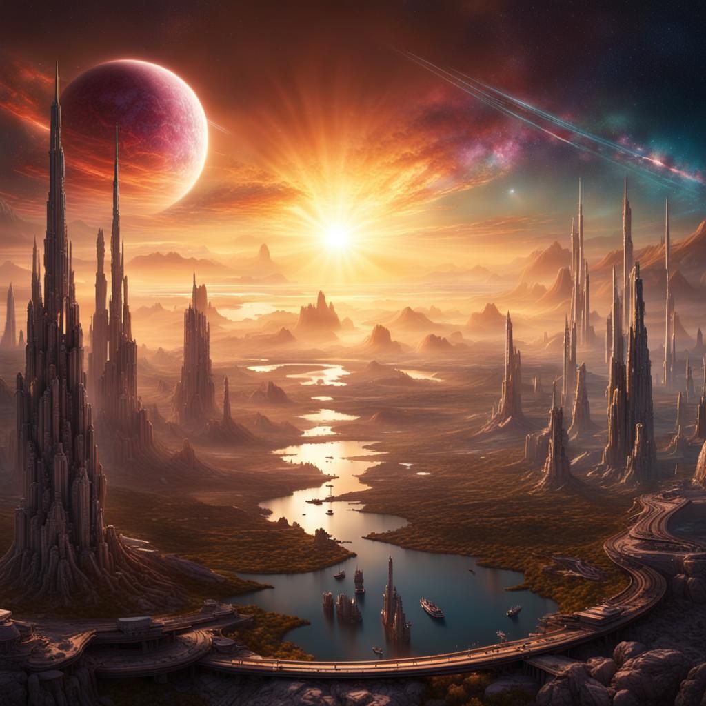 Galactic Sunrise Over Future World: Digital Matte Painting