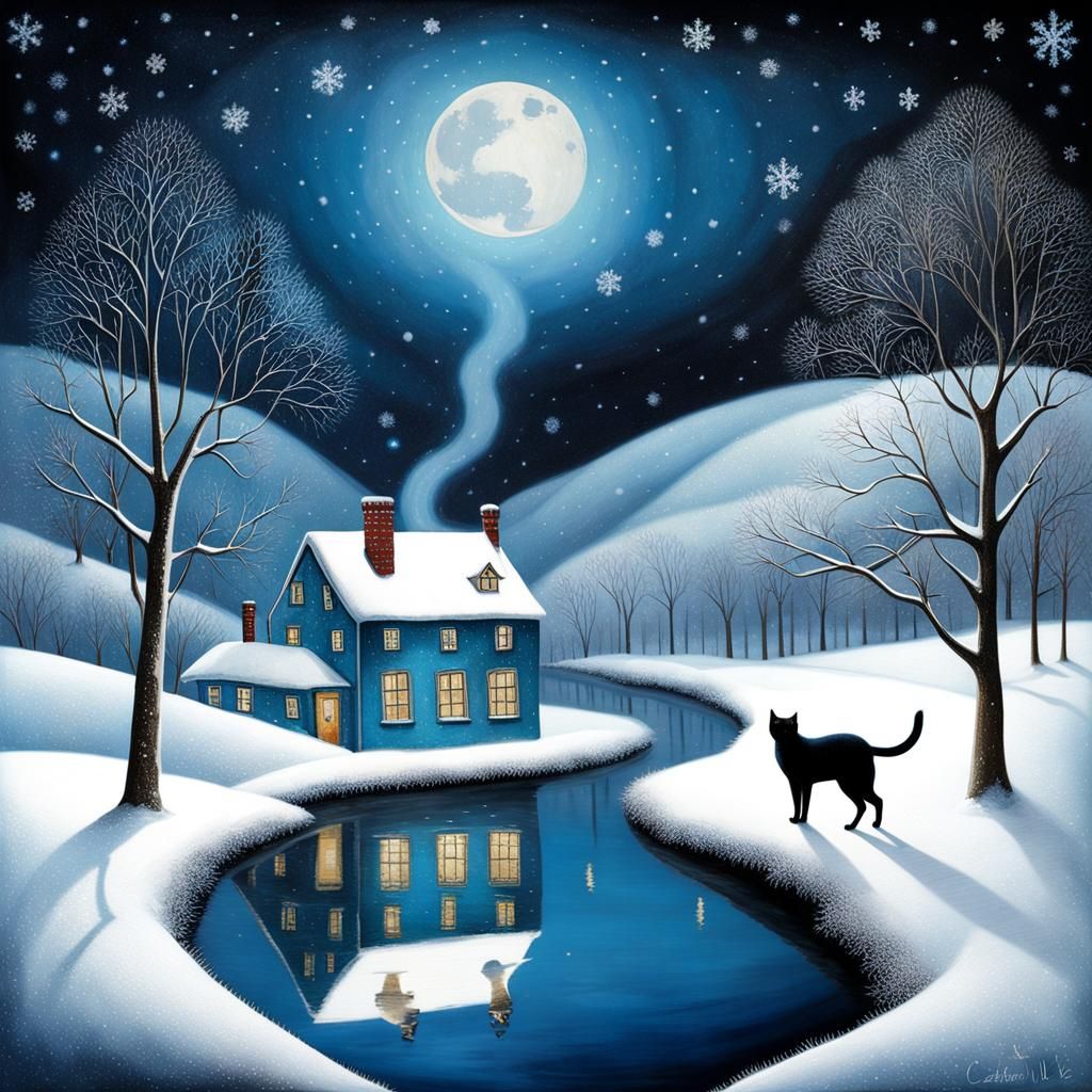 Icy Winter Riverscape in Starry Moonscape, Art Brut