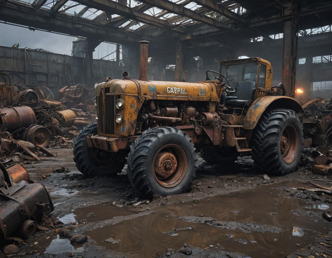 Grimdark Dieselpunk Workshop Interior at Sunset