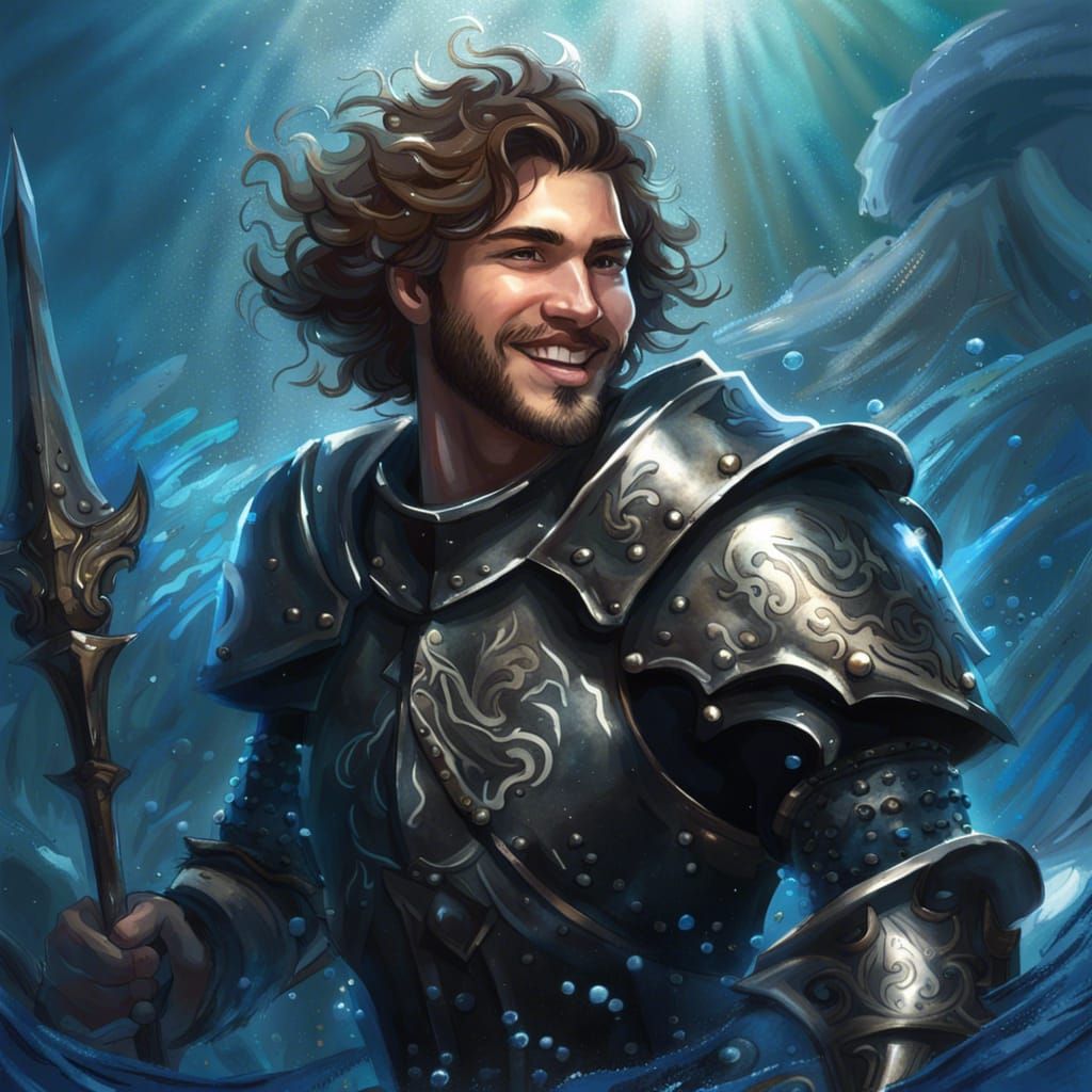Underwater Knight with Trident in Hyperrealistic Style