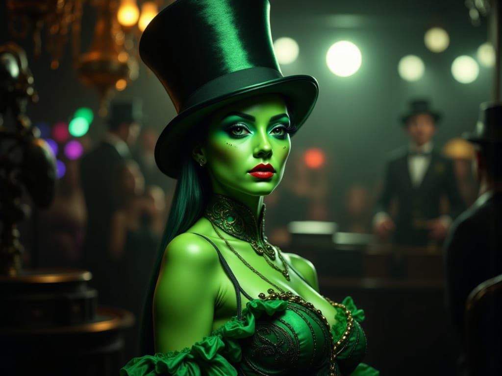 Burlesque Alien Dancer in Top Hat on Stage