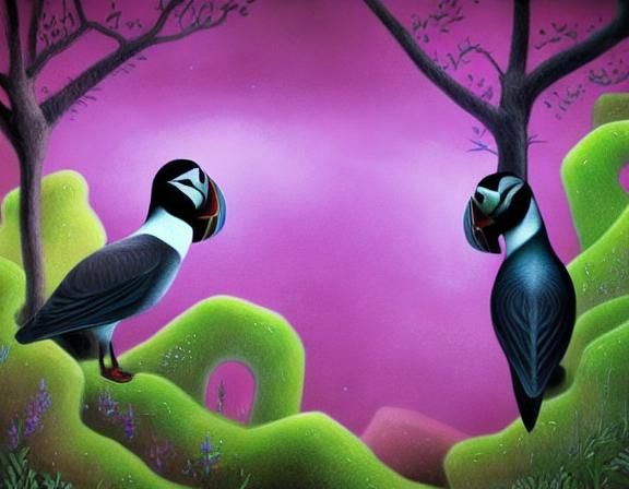 Psychedelic Puffin Bird in Surrealist Style