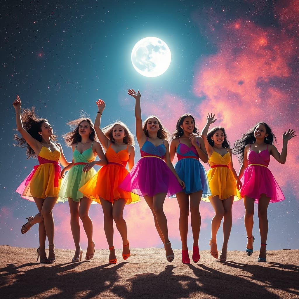 Ethereal Cosmic Goddesses Dance Under Rainbow Nebula