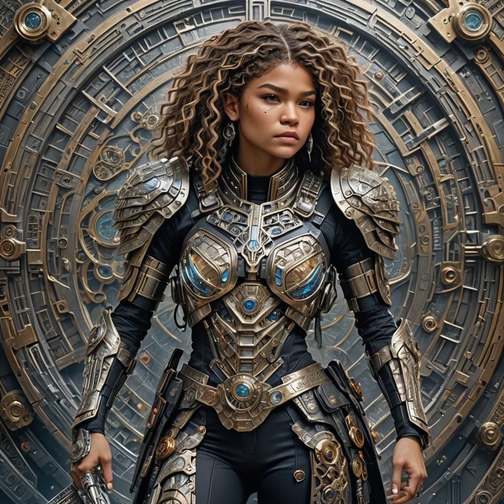 Zendaya In a world where ancient valor meets cyberpunk visions, a bone warrior stands, a paragon of ultra-high-detail an...