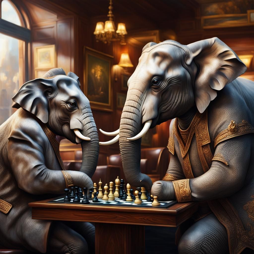 Elephants Play Chess in English Pub: Hyperrealistic Art