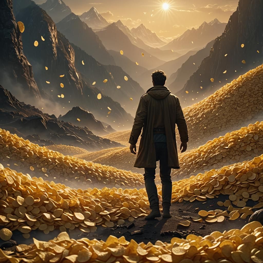 Potato Chip Hero in Surreal Cinematic Landscape