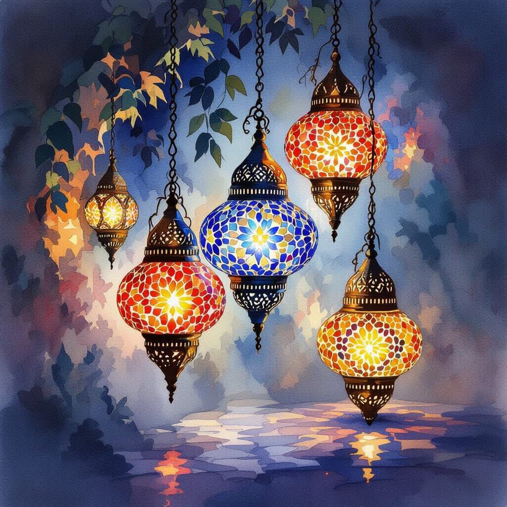 Watercolor Turkish Mosaic Lanterns Glowing with Warm Light
