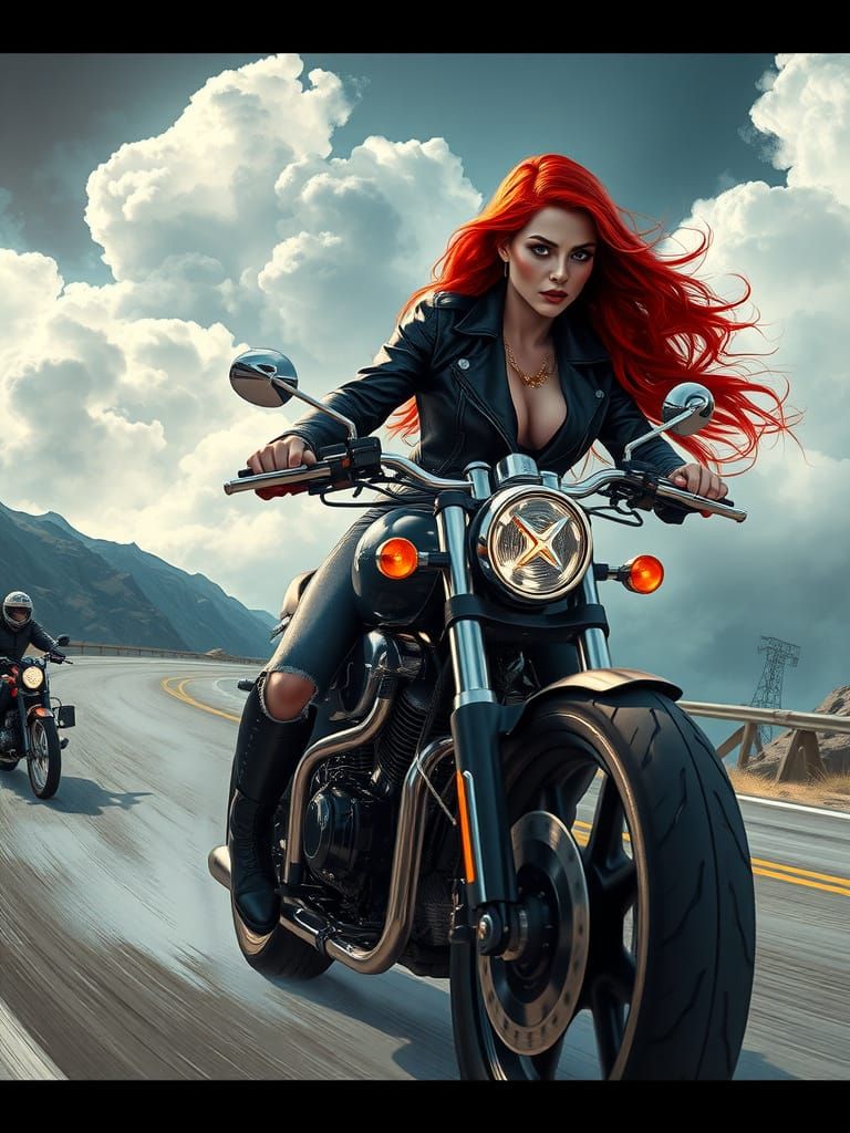 Rebel Woman Speeds Down Mountain Road in Futuristic Industri...