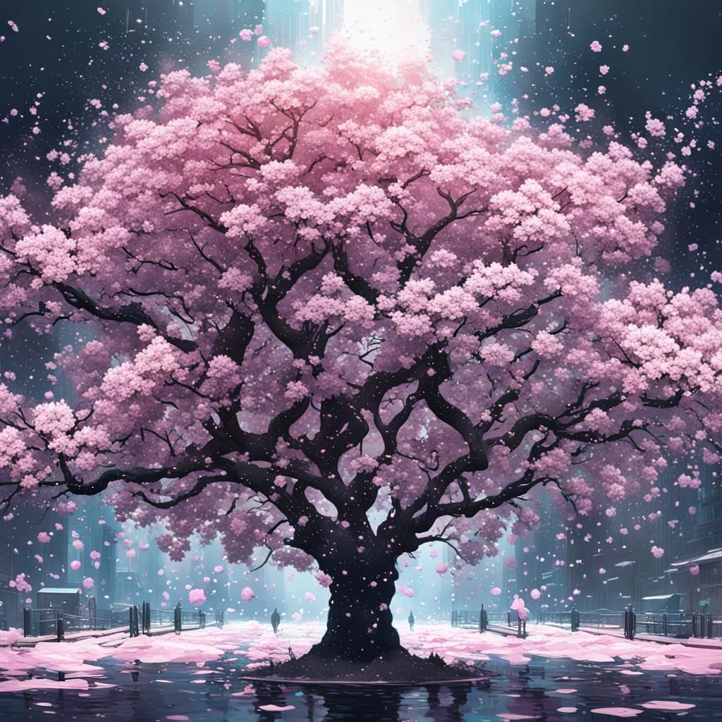 Glitchcore Cherry Blossoms in Digital Matte Painting