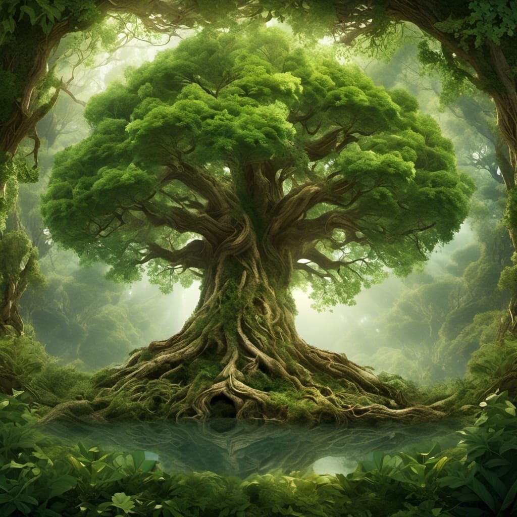 Realistic Tree of Life with Ribbons for Text