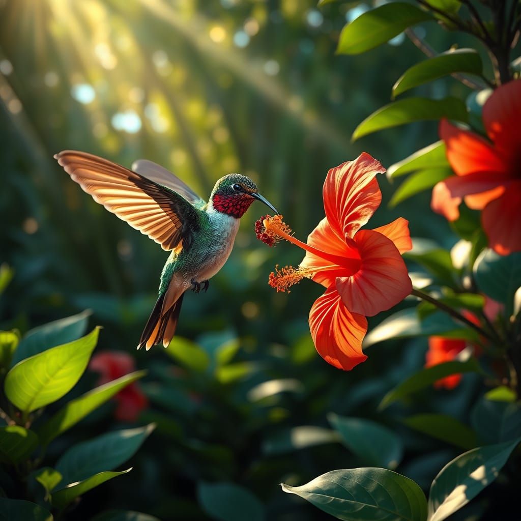 Hummingbird Sipping Nectar in Tropical Garden