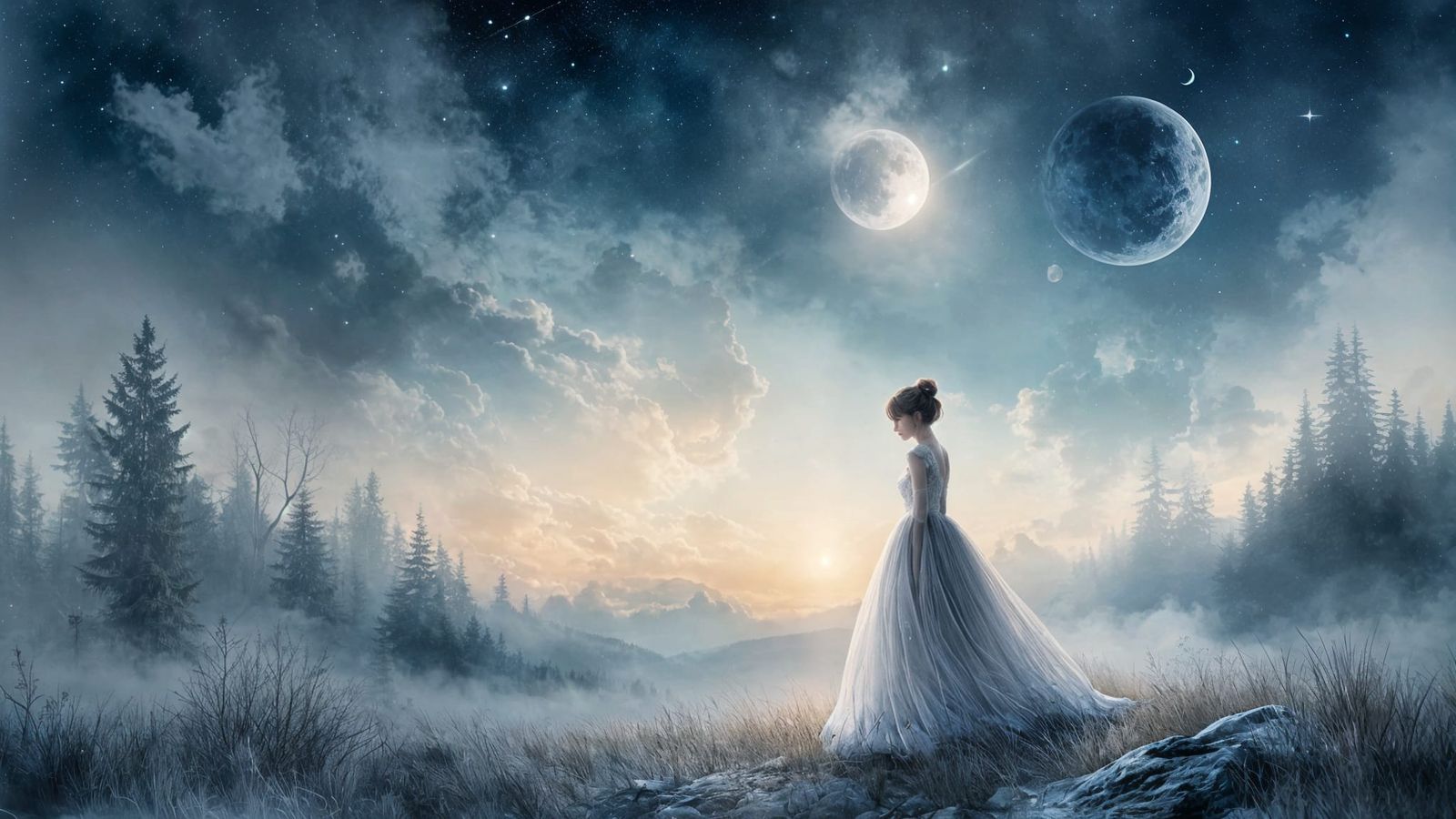 Dreamlike Figure in Desolate Starry Landscape